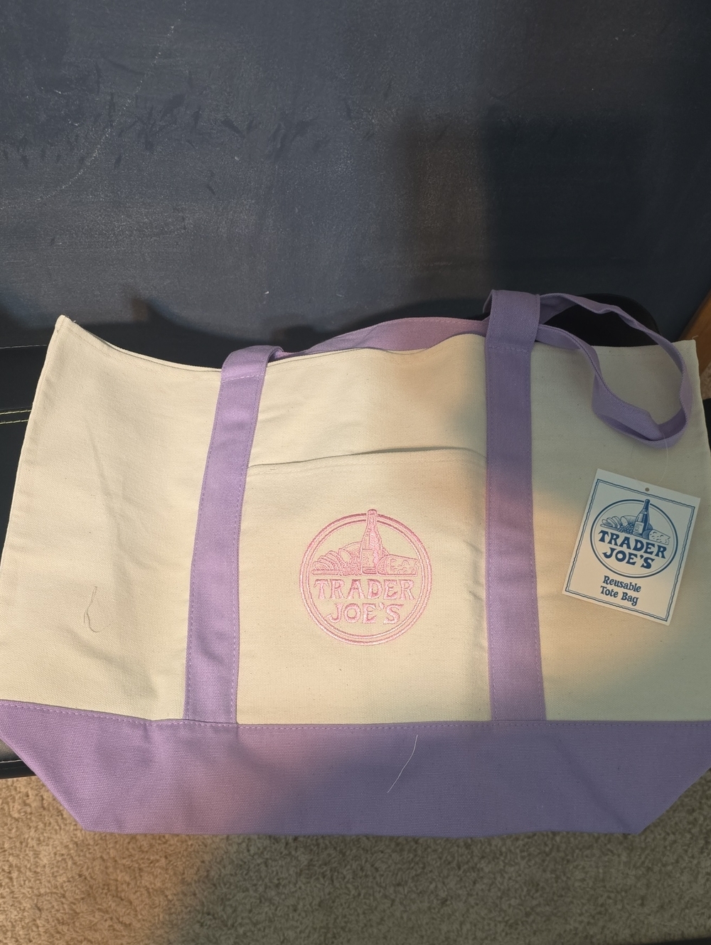 Trader Joes Cream and Lavender Canvas Tote Bag